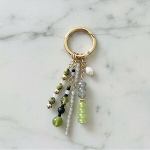 Earthy Green Beaded Bag Charm Keychain with Real Pearl